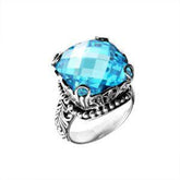 Handmade sterling silver cushion Blue Topaz Quartz ring with filigree and bead accents, artisan Bali jewelry.